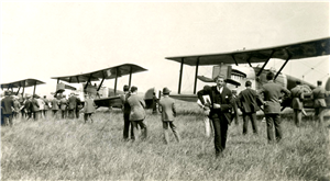 A crowd stands in a grassy field looking at a row of single propeller planes